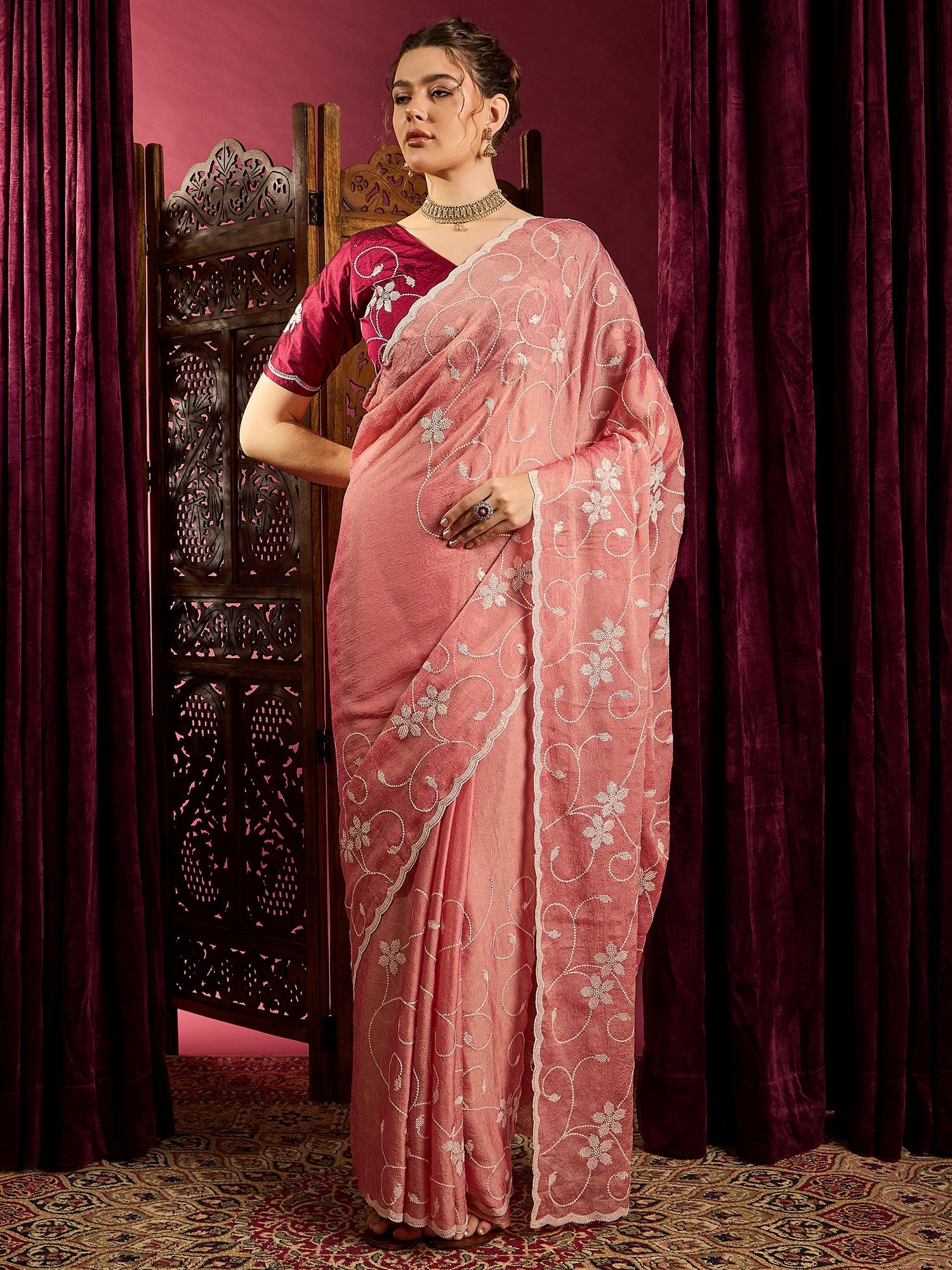 Peach pink Chiffon Embroidered Saree - Ressa