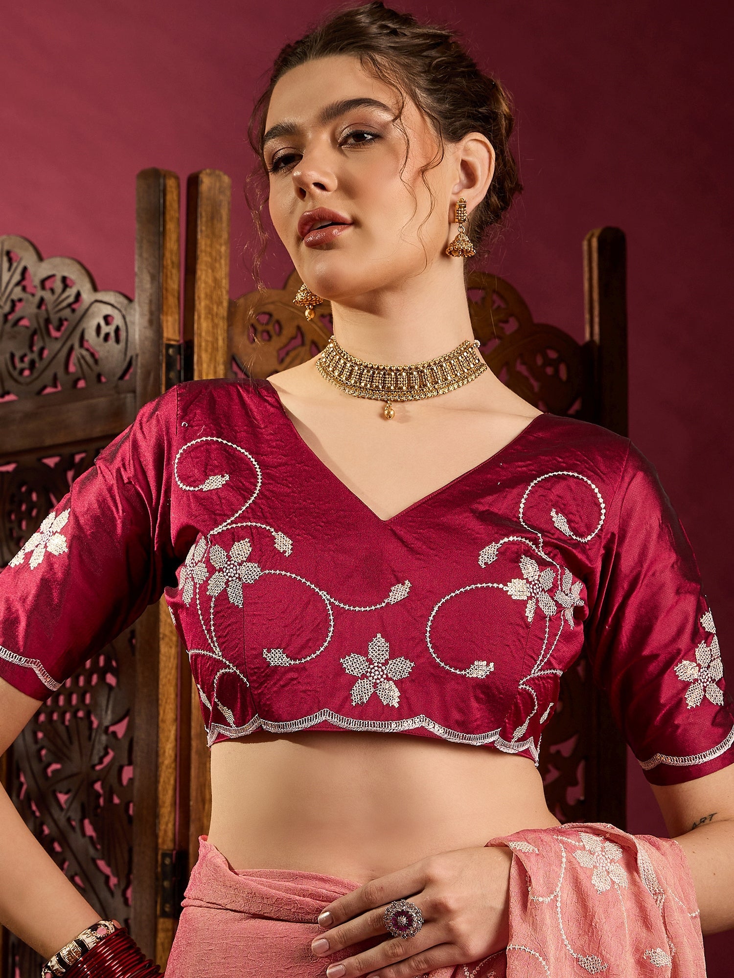 Peach pink Chiffon Embroidered Saree - Ressa