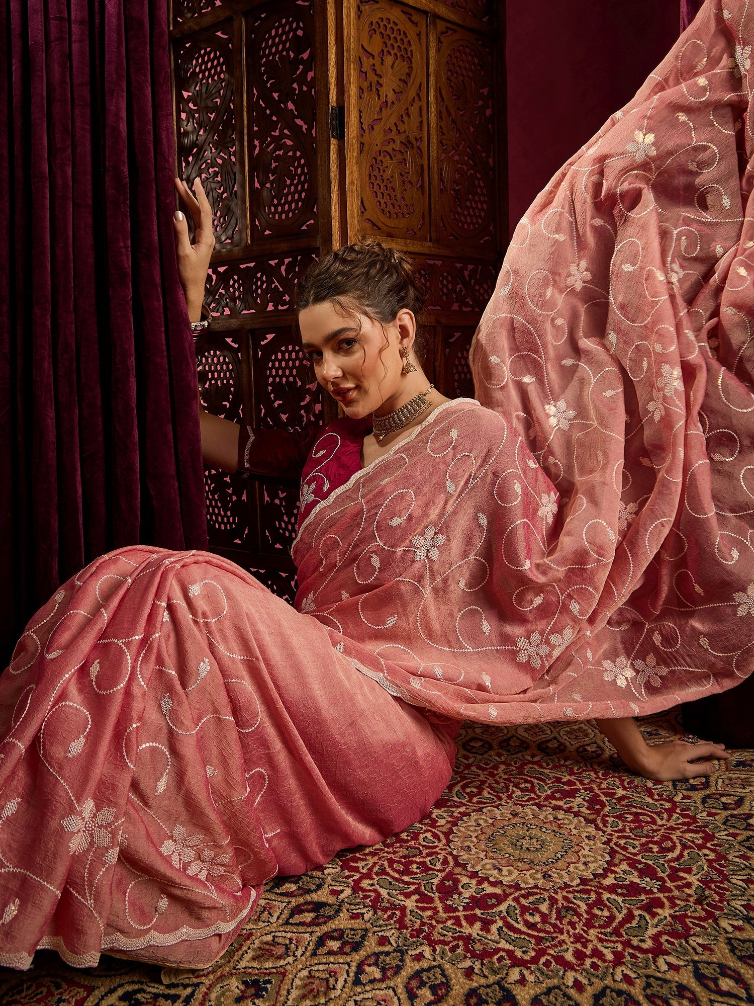 Peach pink Chiffon Embroidered Saree - Ressa