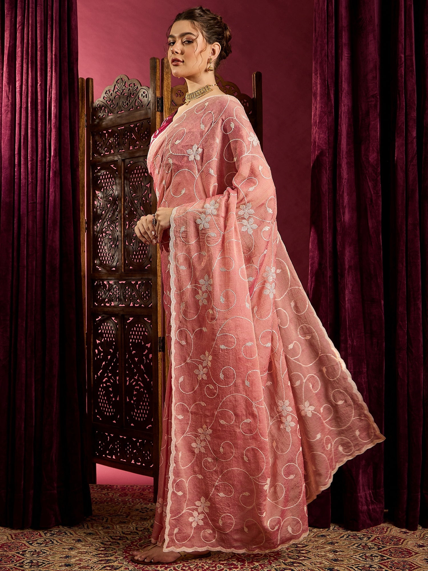 Peach pink Chiffon Embroidered Saree - Ressa