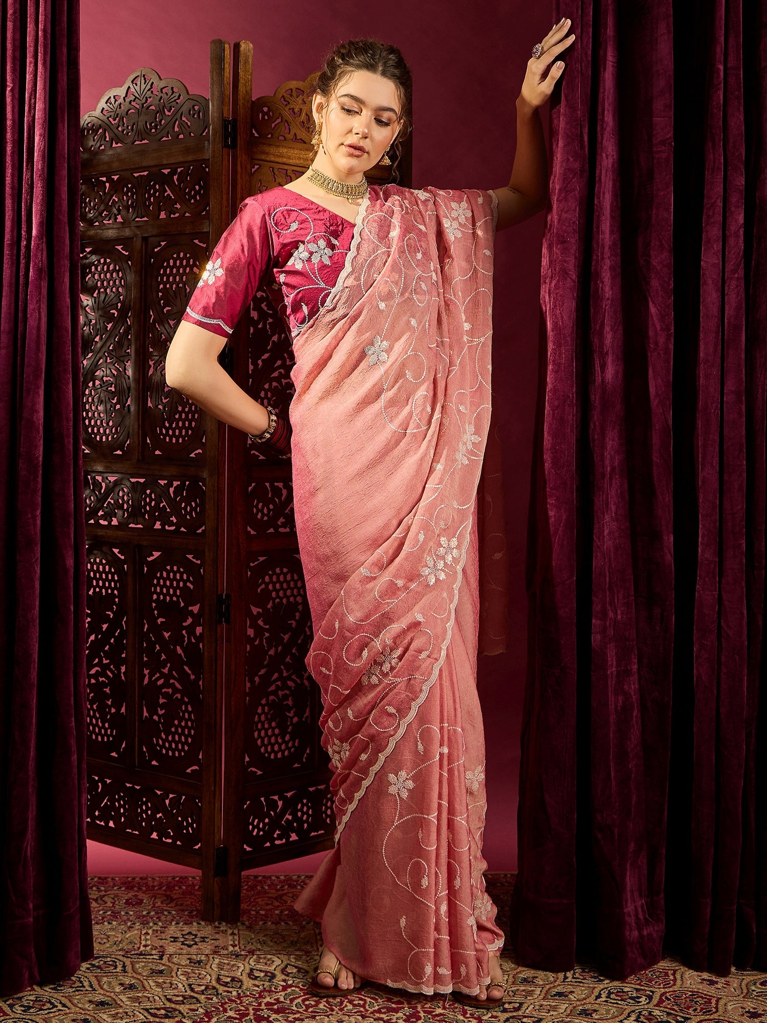 Peach pink Chiffon Embroidered Saree - Ressa