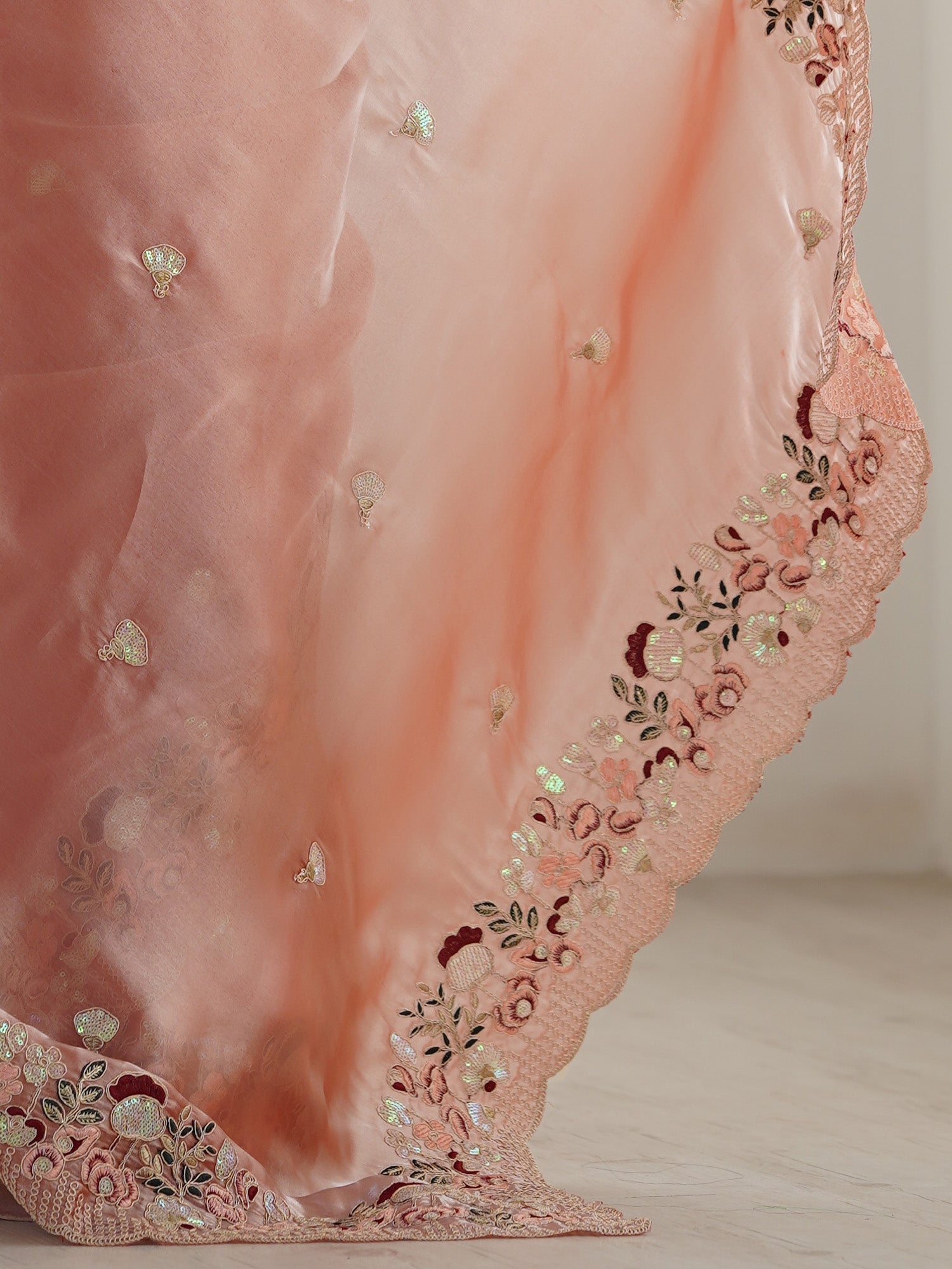 Peach Pink Heavy Floral Sequin Embroidery Saree - Ressa
