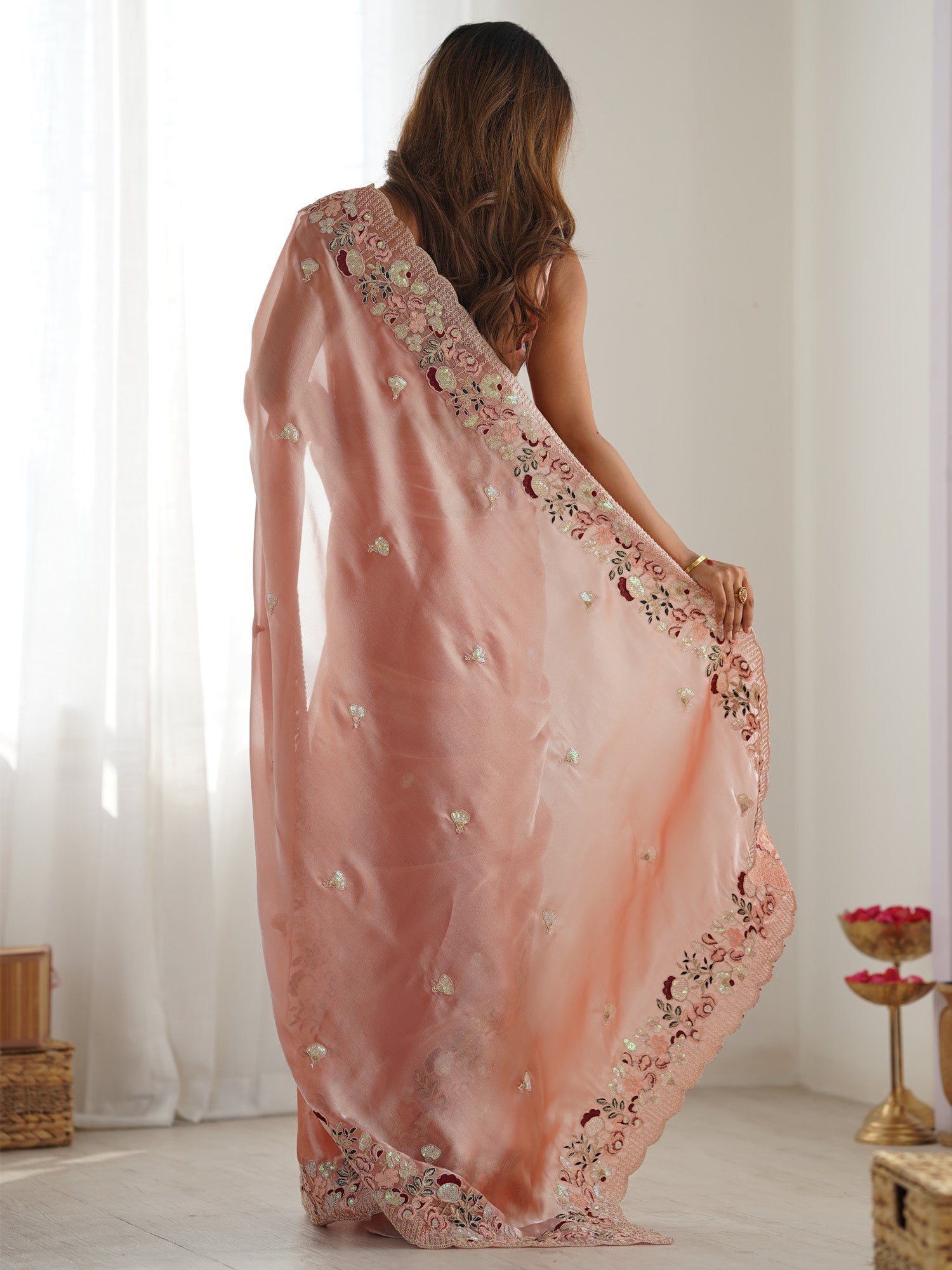 Peach Pink Heavy Floral Sequin Embroidery Saree - Ressa