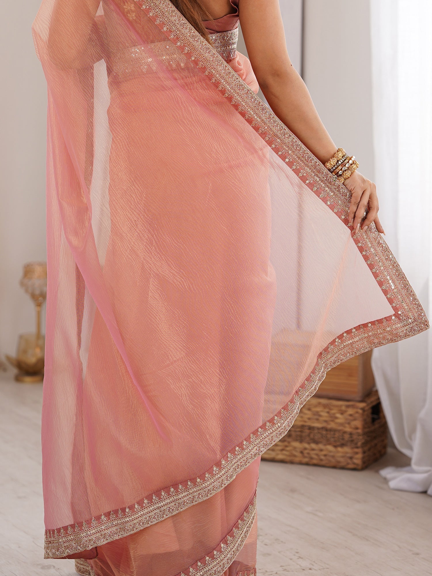 Peach Pink Metallic Tissue Silk - Ressa