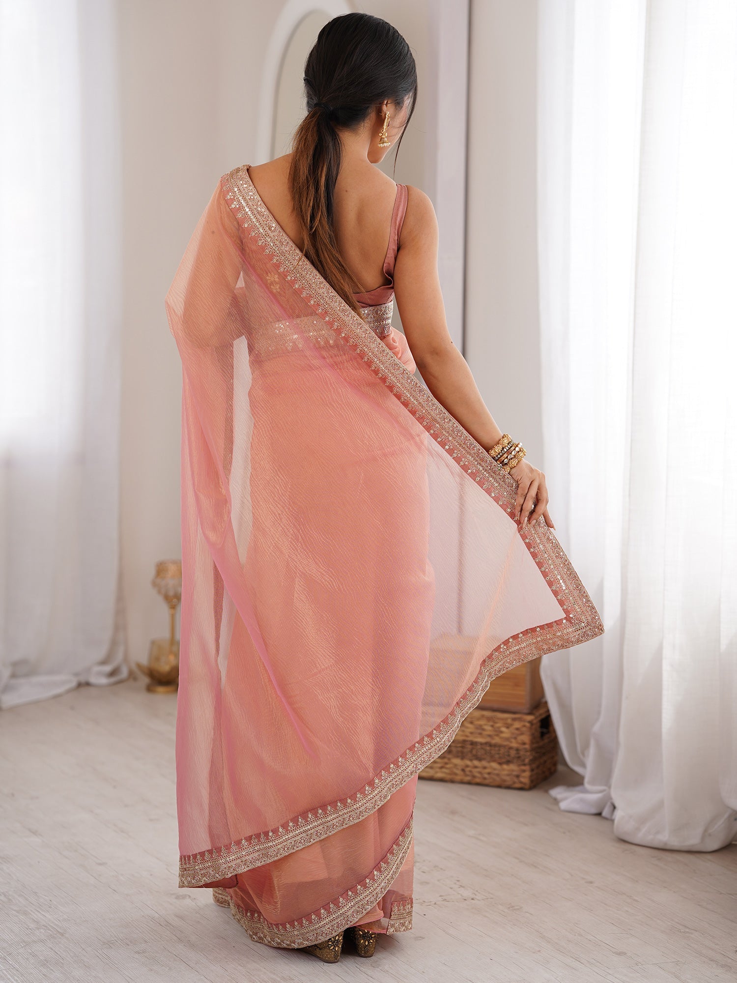 Peach Pink Metallic Tissue Silk - Ressa