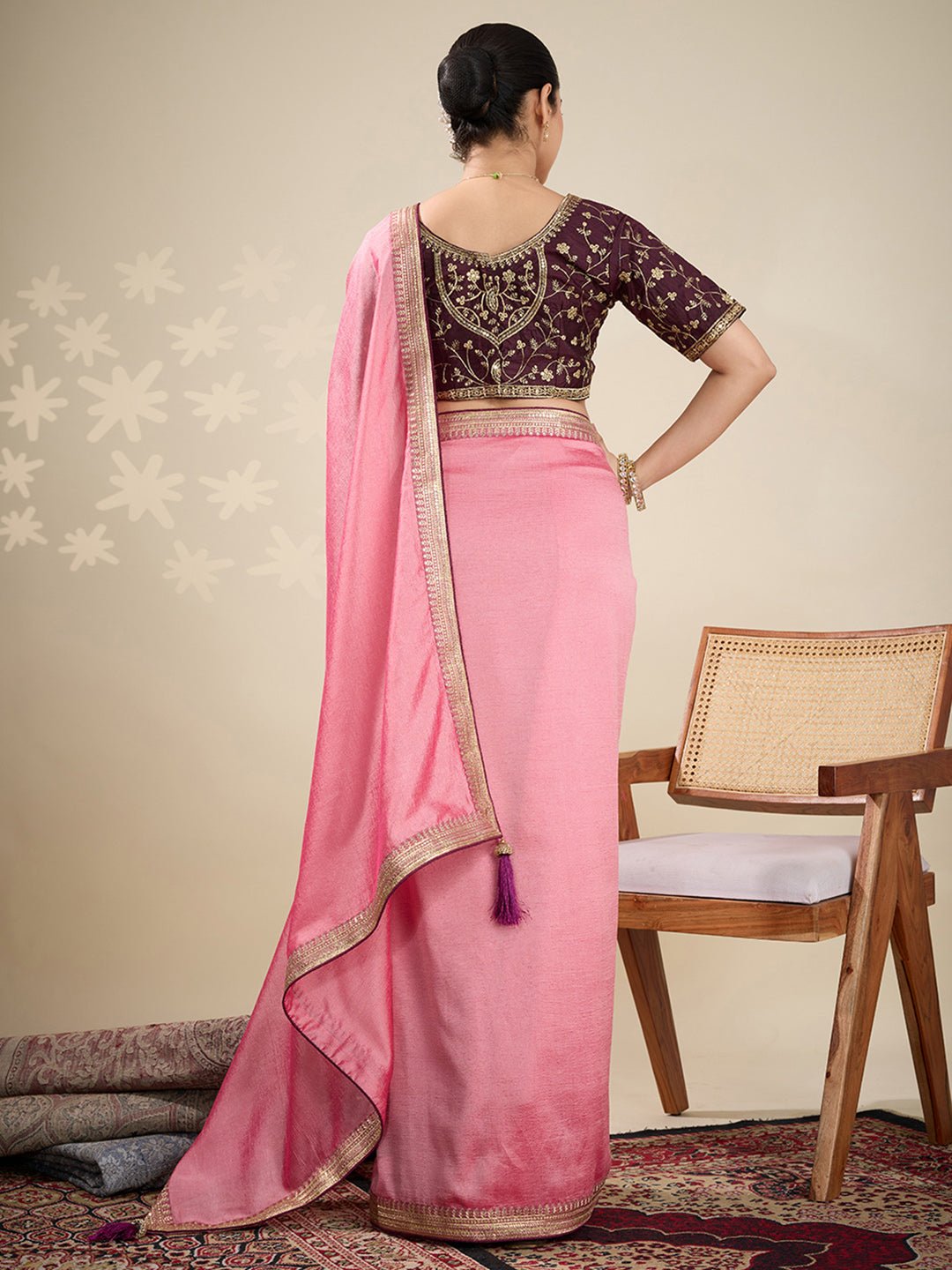 Peach Plain Georgette Embellished Border Saree - Ressa