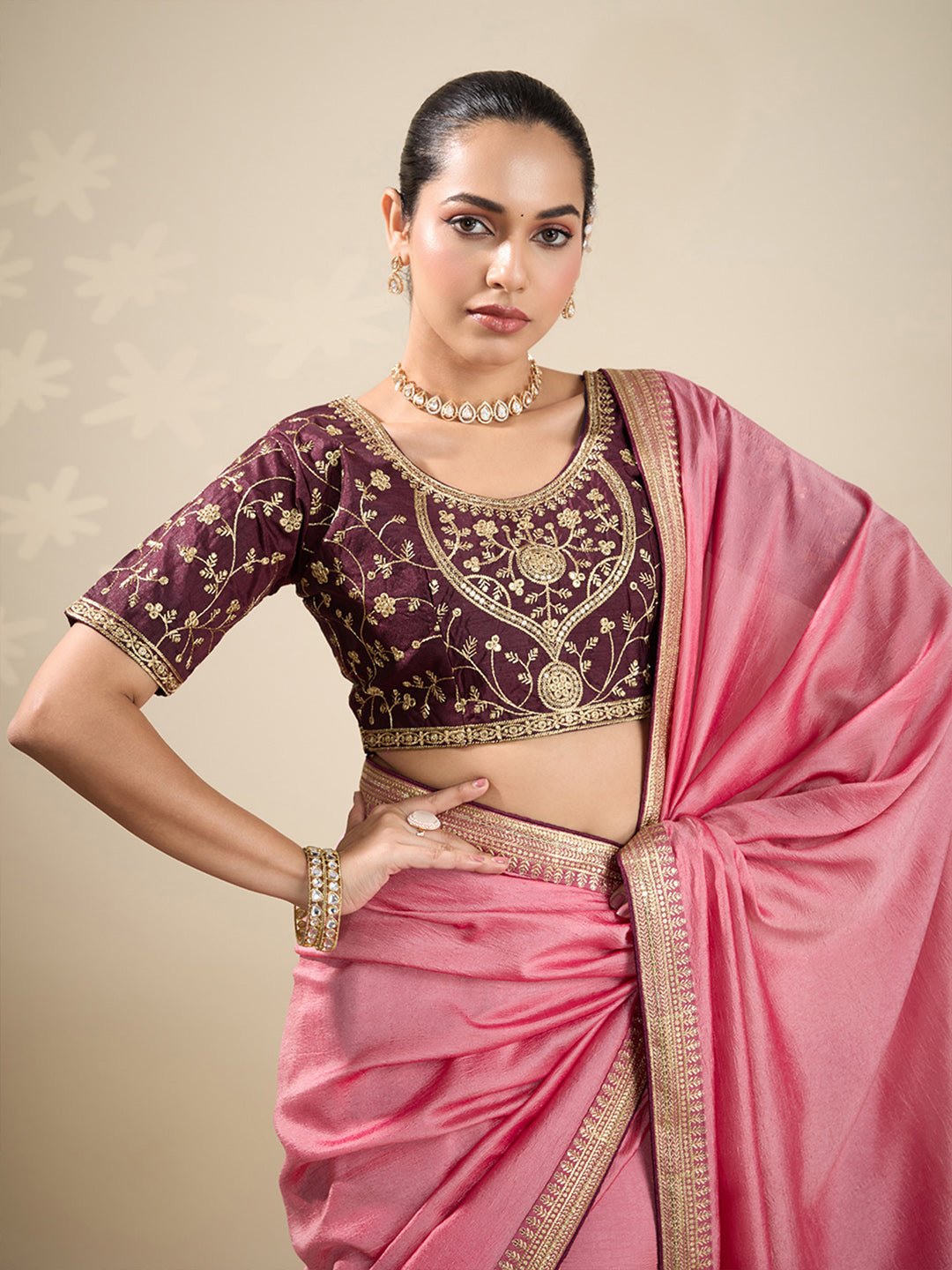 Peach Plain Georgette Embellished Border Saree - Ressa