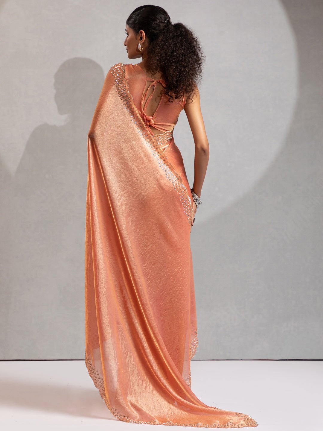 Peach Polyester Embroidered Border Modern Aesthetic Saree - Ressa
