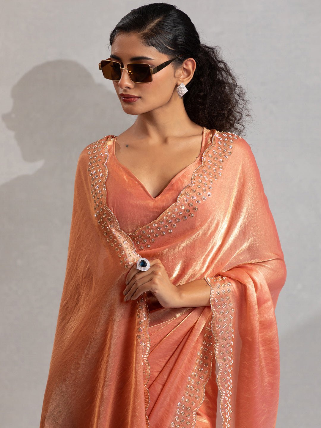 Peach Polyester Embroidered Border Modern Aesthetic Saree - Ressa