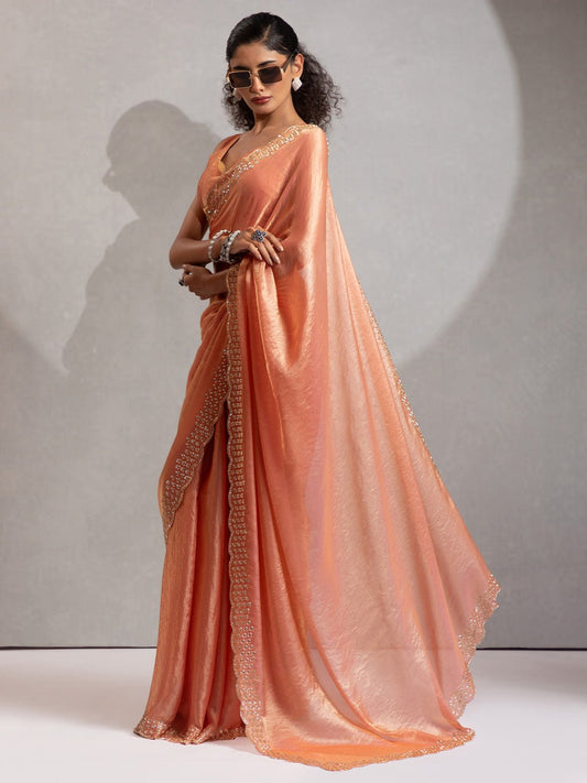 Peach Polyester Embroidered Border Modern Aesthetic Saree - Ressa