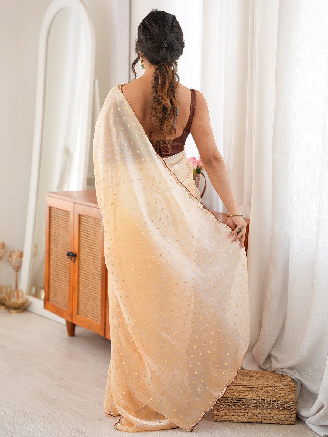 Peach Satin Embelished Party Wear Saree - Ressa