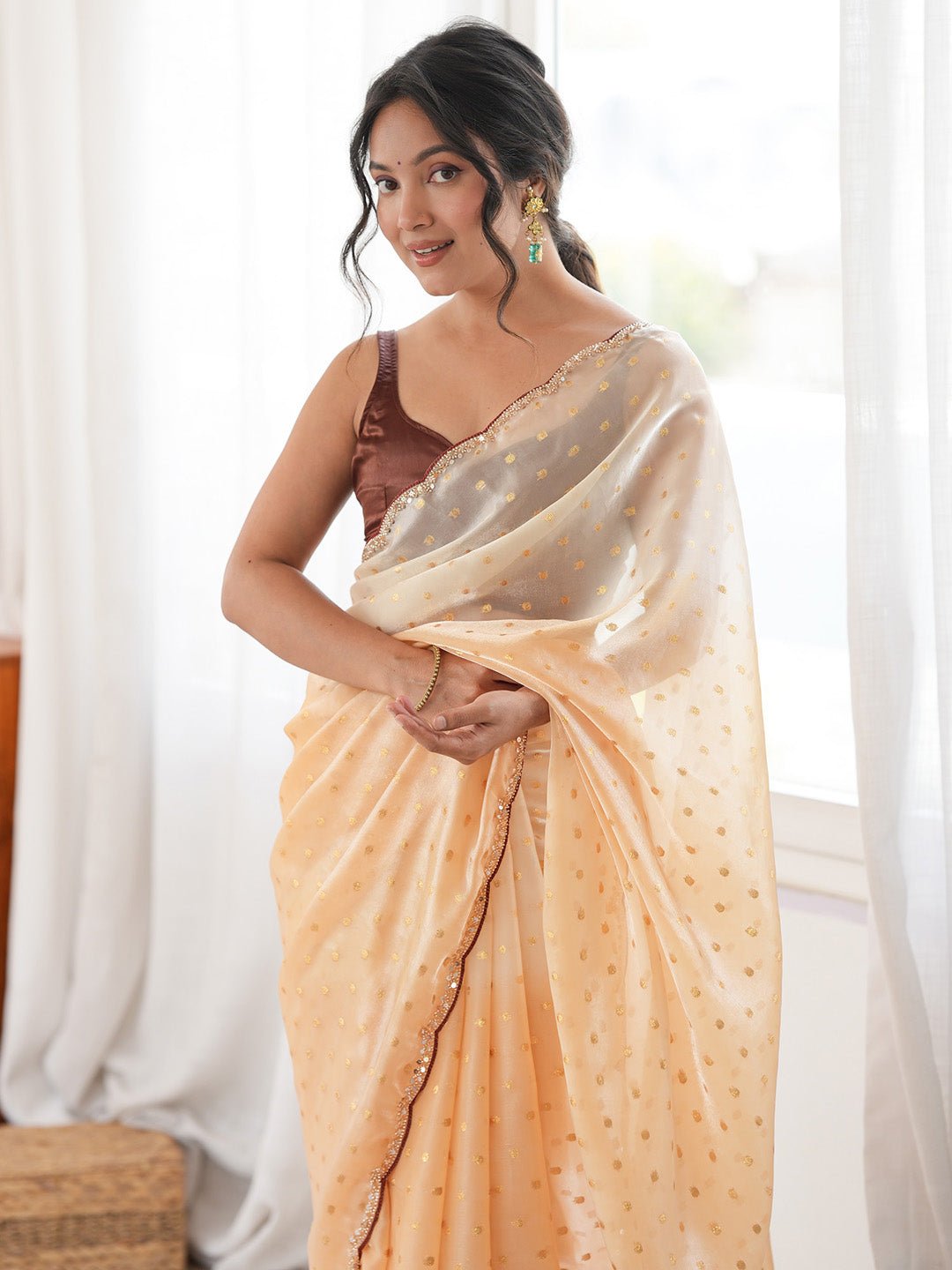 Peach Satin Embelished Party Wear Saree - Ressa