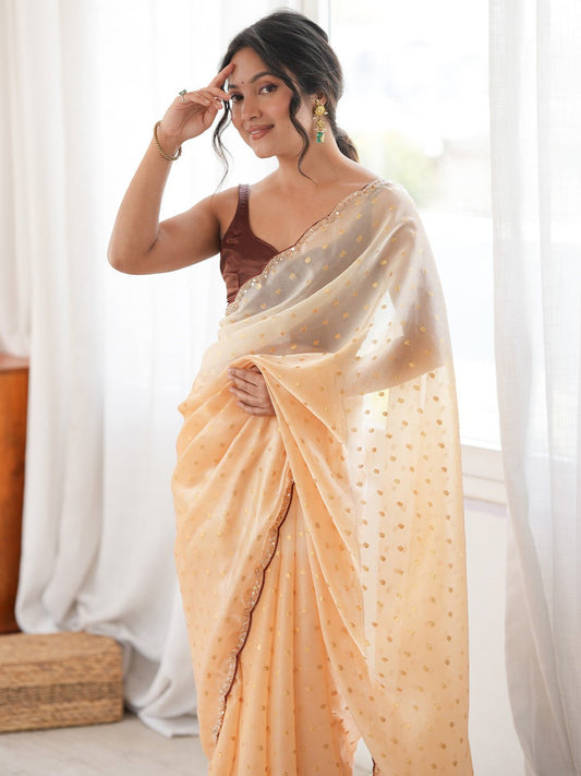 Peach Satin Embelished Party Wear Saree - Ressa