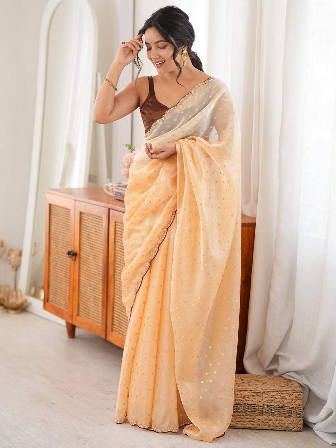 Peach Satin Embelished Party Wear Saree - Ressa