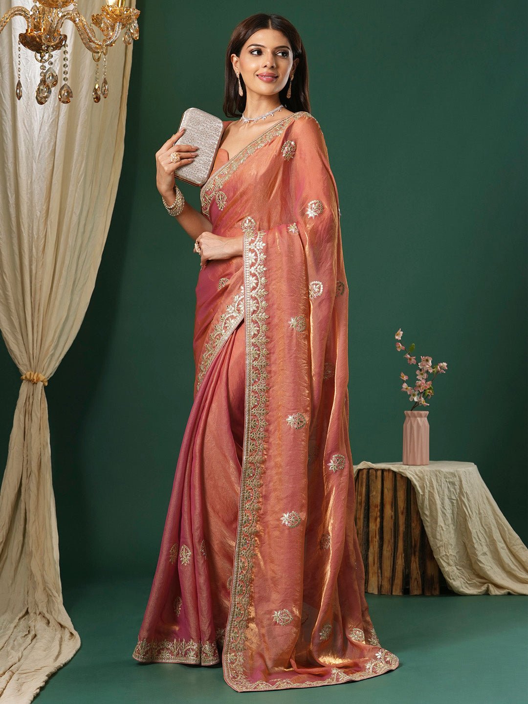 Peach Satin Silk Party Wear Saree - Ressa