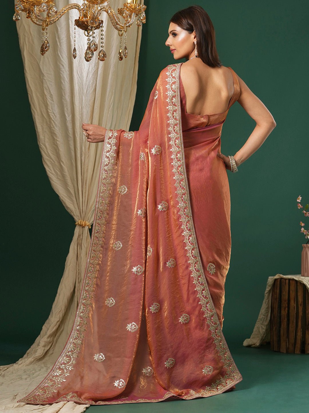 Peach Satin Silk Party Wear Saree - Ressa