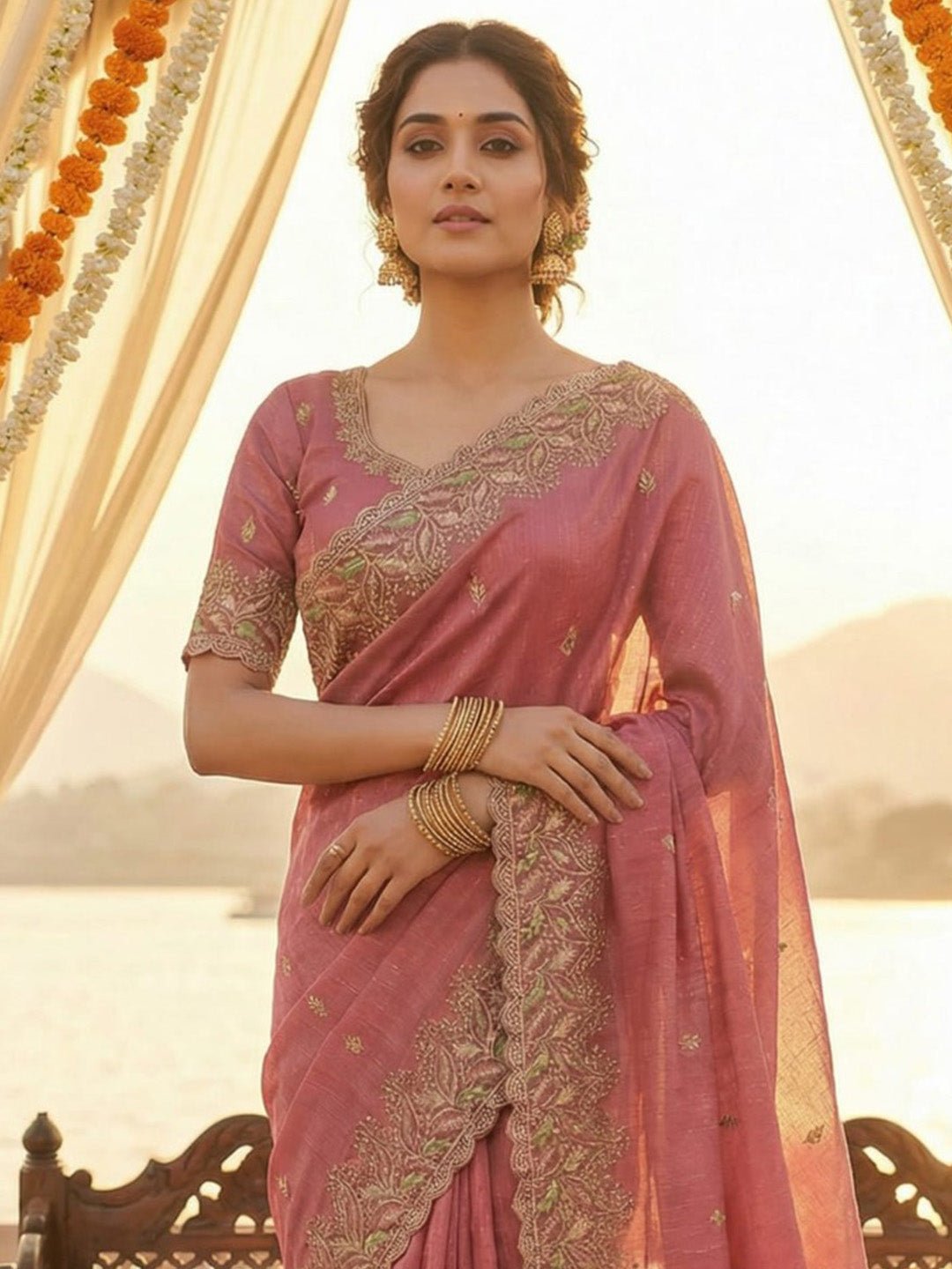 Peach Silk Blend Embroidered Border Saree - Ressa