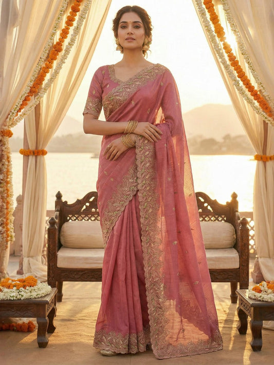 Peach Silk Blend Embroidered Border Saree - Ressa