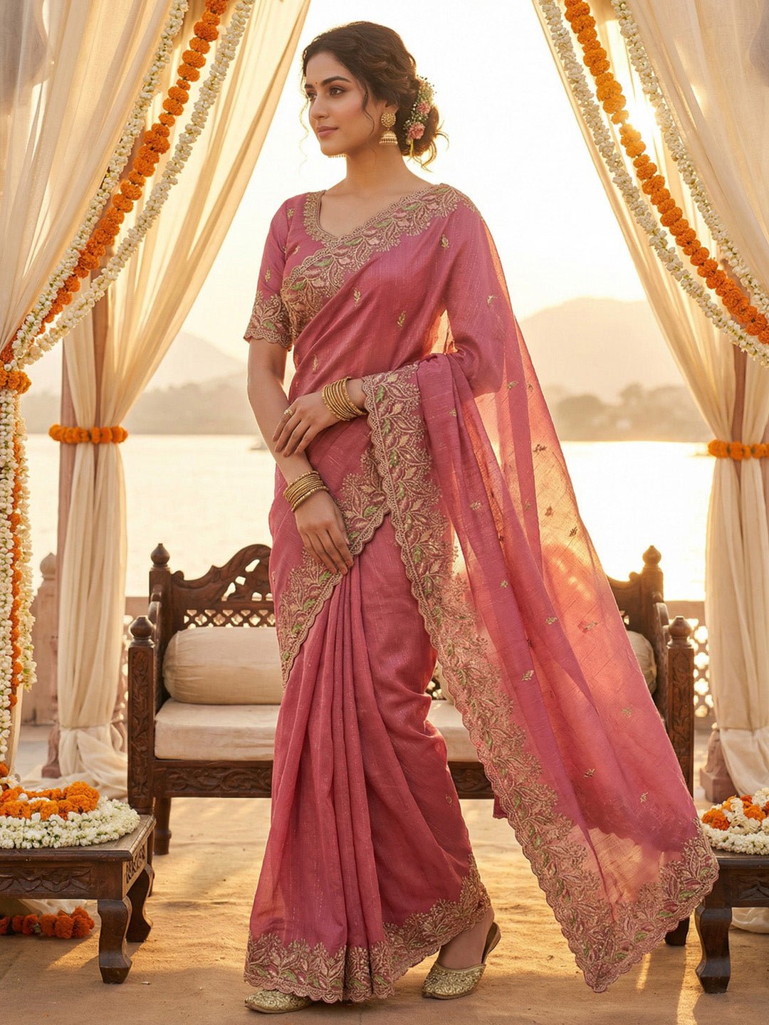 Peach Silk Blend Embroidered Border Saree - Ressa
