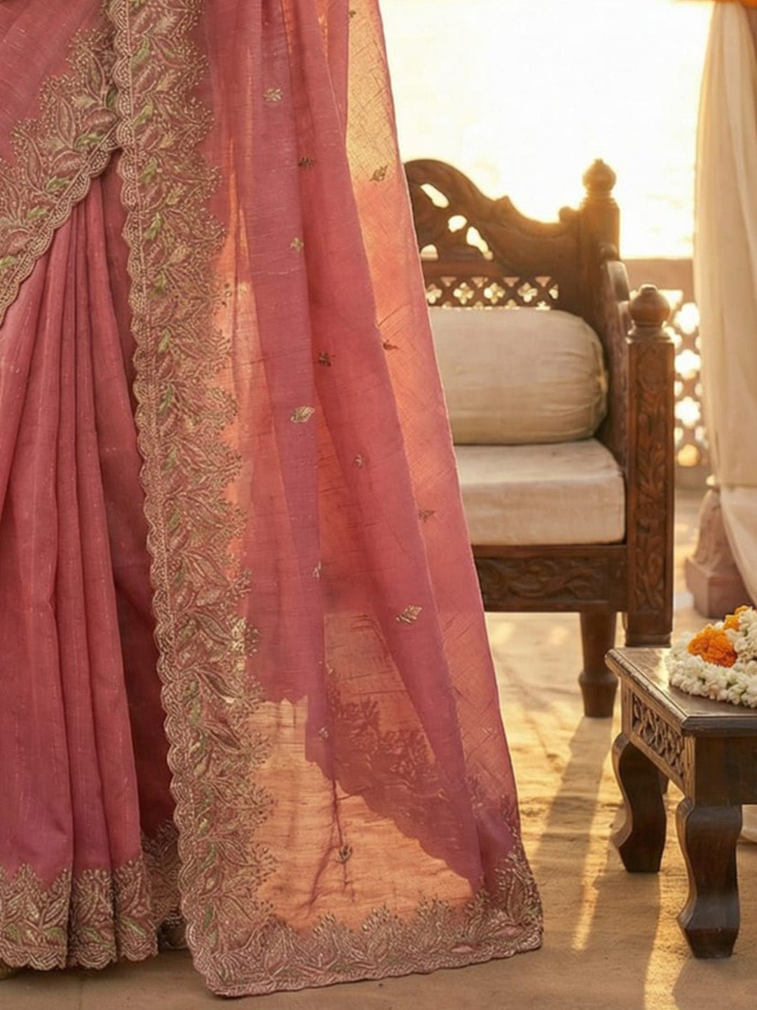 Peach Silk Blend Embroidered Border Saree - Ressa