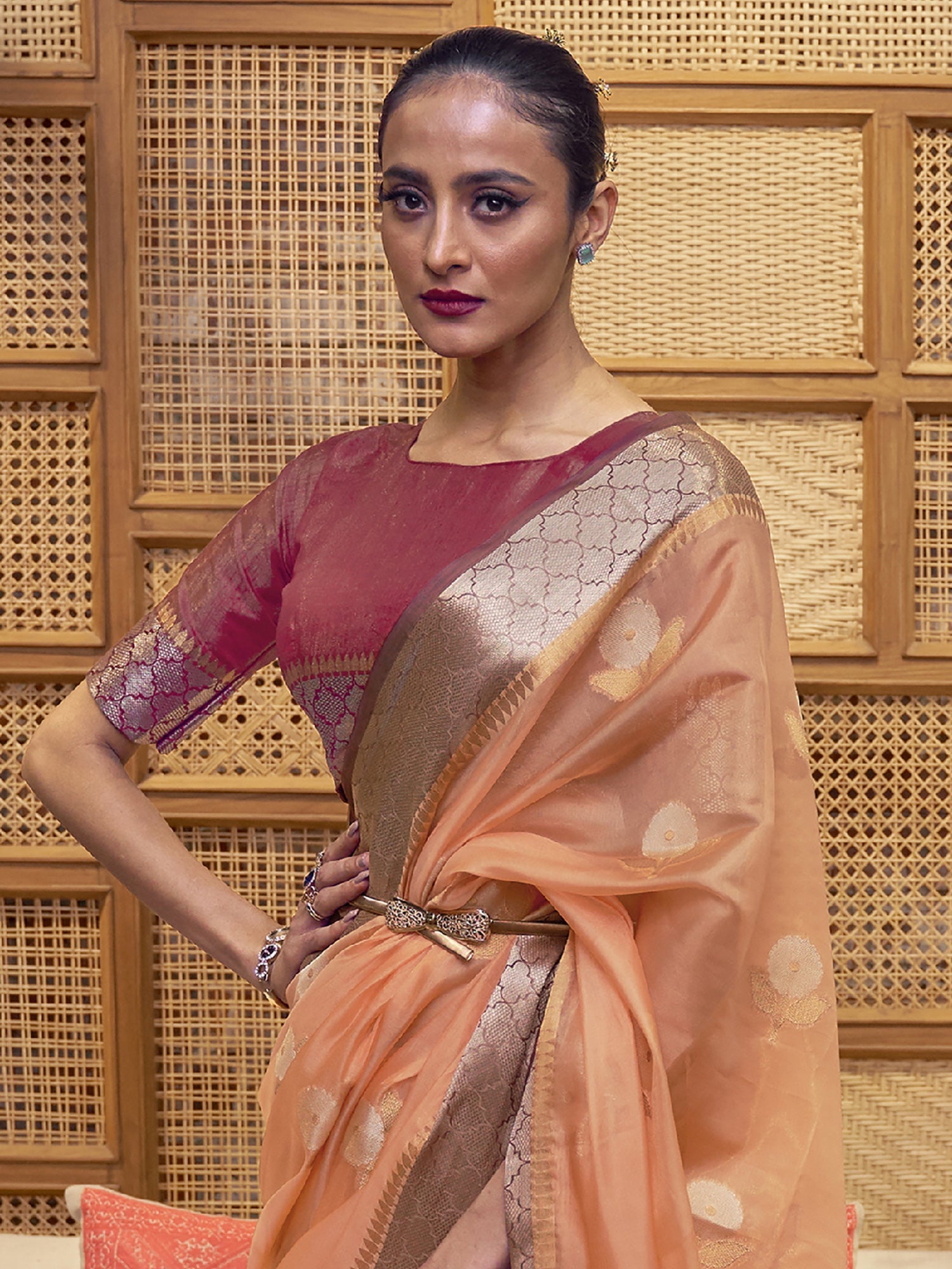 Peach Silk Blend Heritage Banarasi Style Saree - Ressa