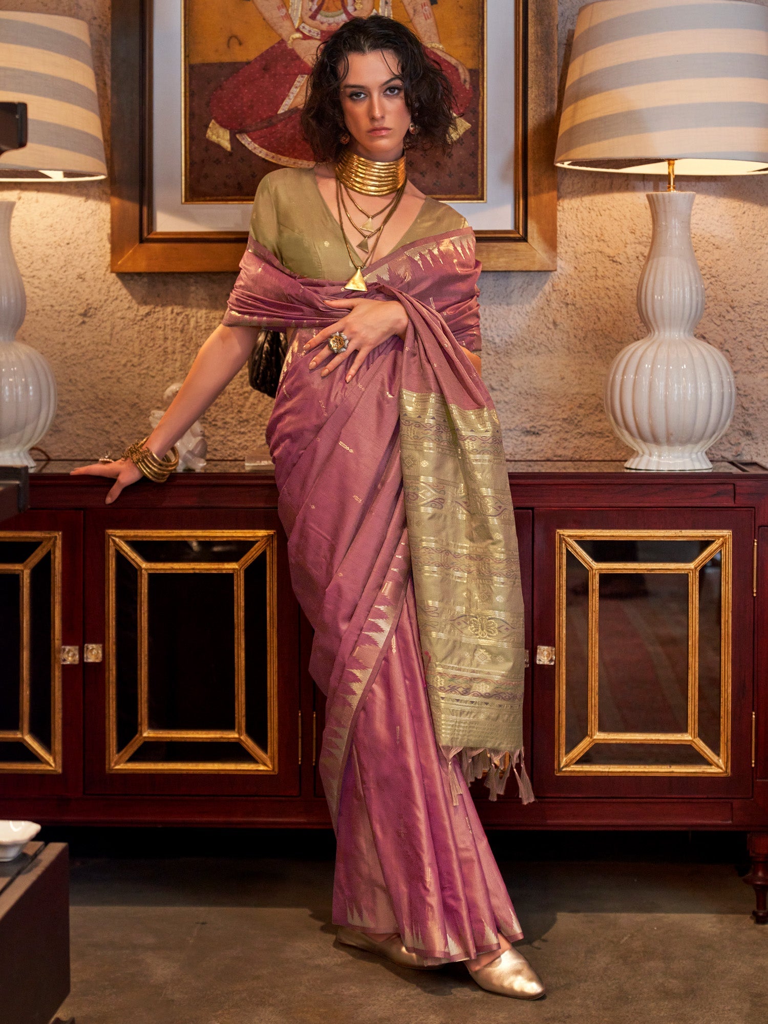 Peach Silk Blend Weaving Contrast Border Saree - Ressa