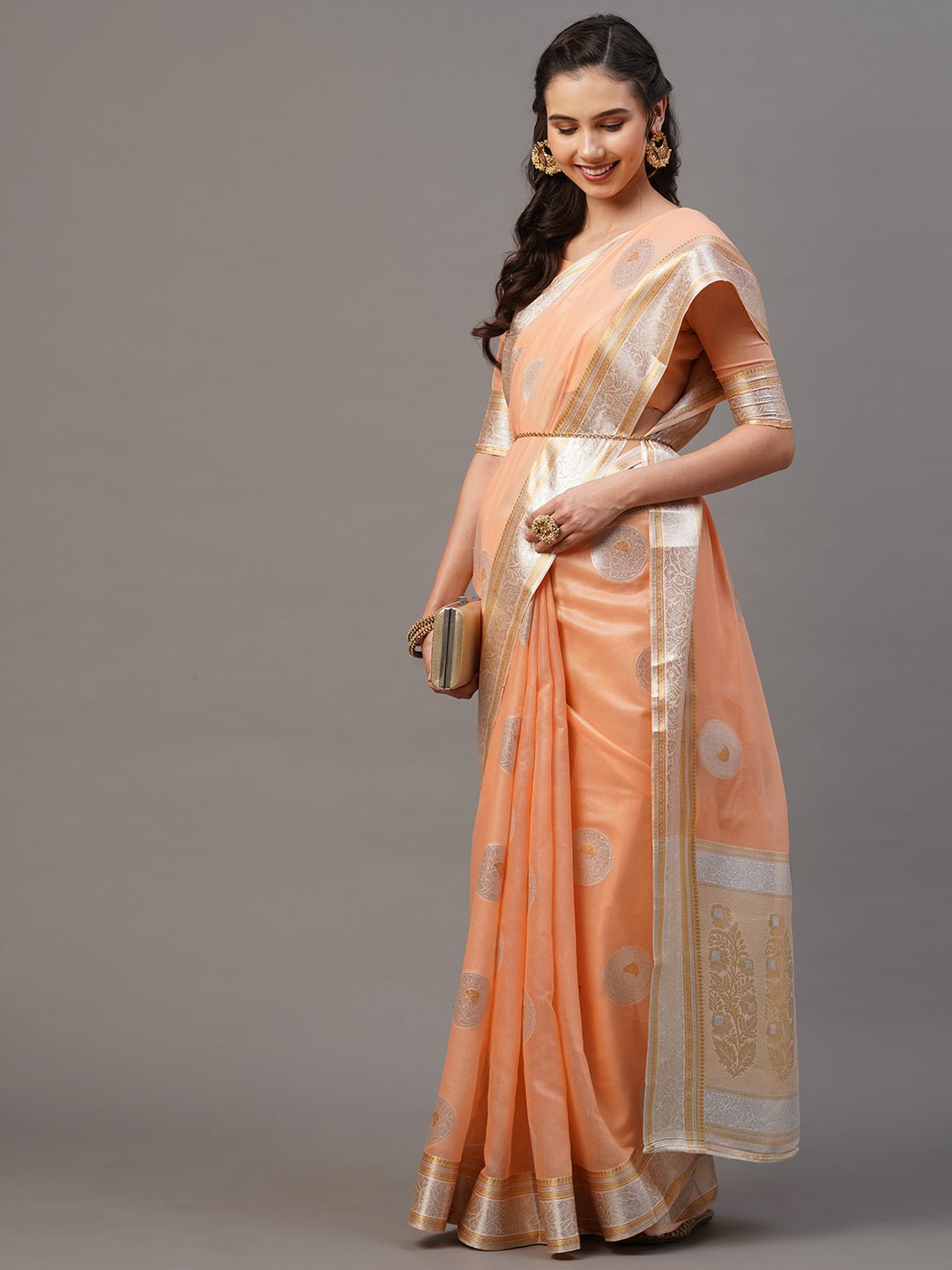 Peach Silk Saree with Silver Zari Floral Booties - Ressa