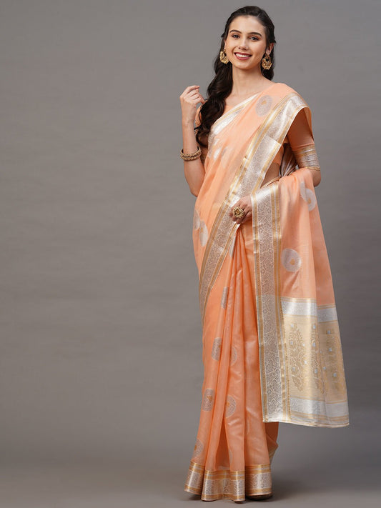 Peach Silk Saree with Silver Zari Floral Booties - Ressa