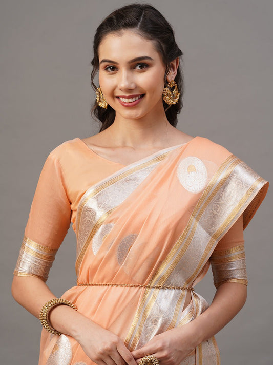 Peach Silk Saree with Silver Zari Floral Booties - Ressa