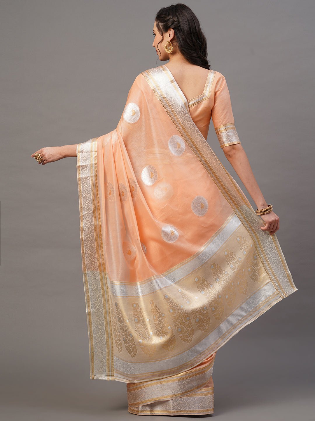 Peach Silk Saree with Silver Zari Floral Booties - Ressa