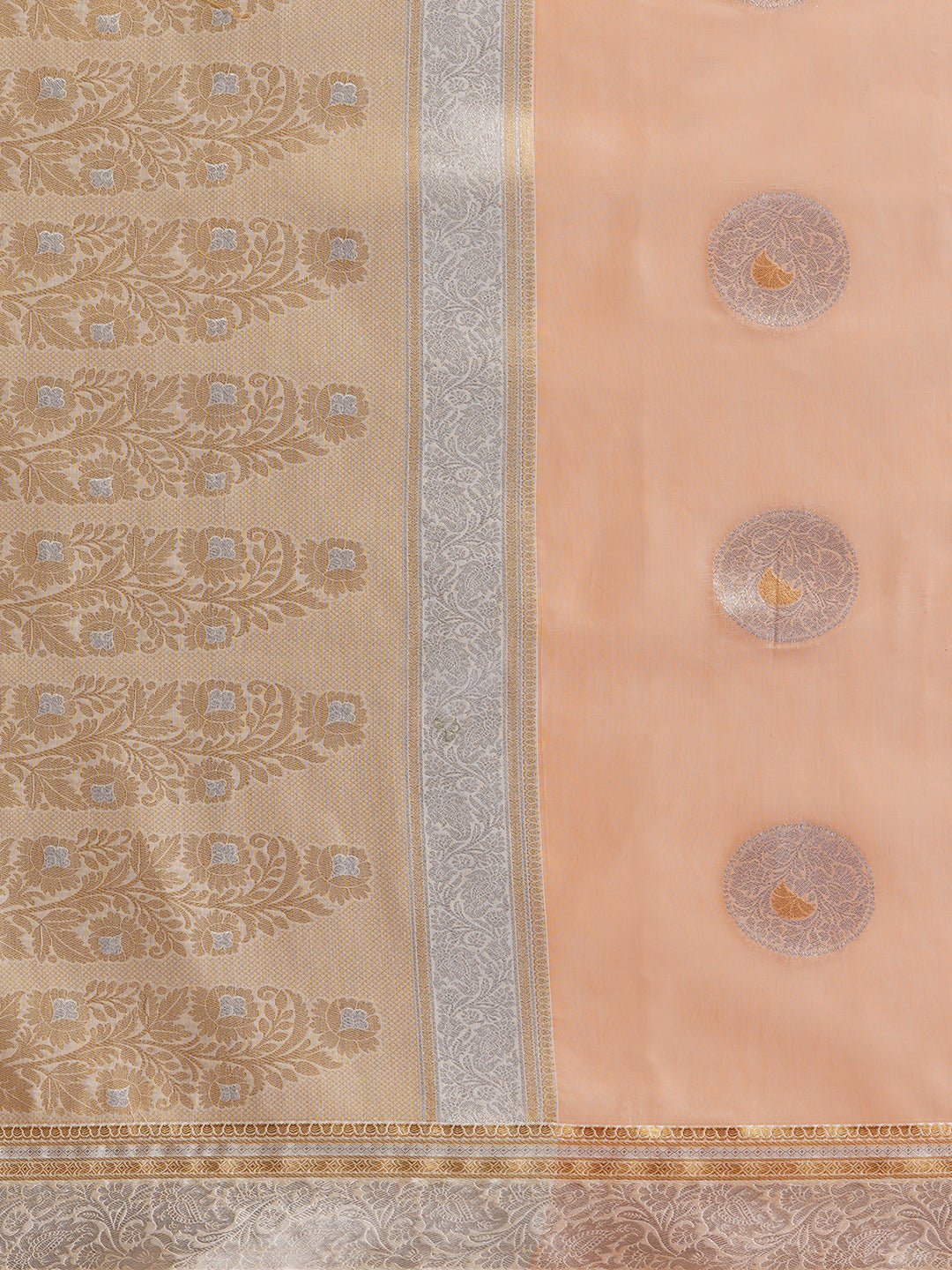 Peach Silk Saree with Silver Zari Floral Booties - Ressa