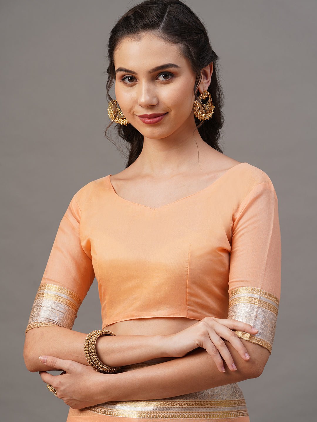Peach Silk Saree with Silver Zari Floral Booties - Ressa