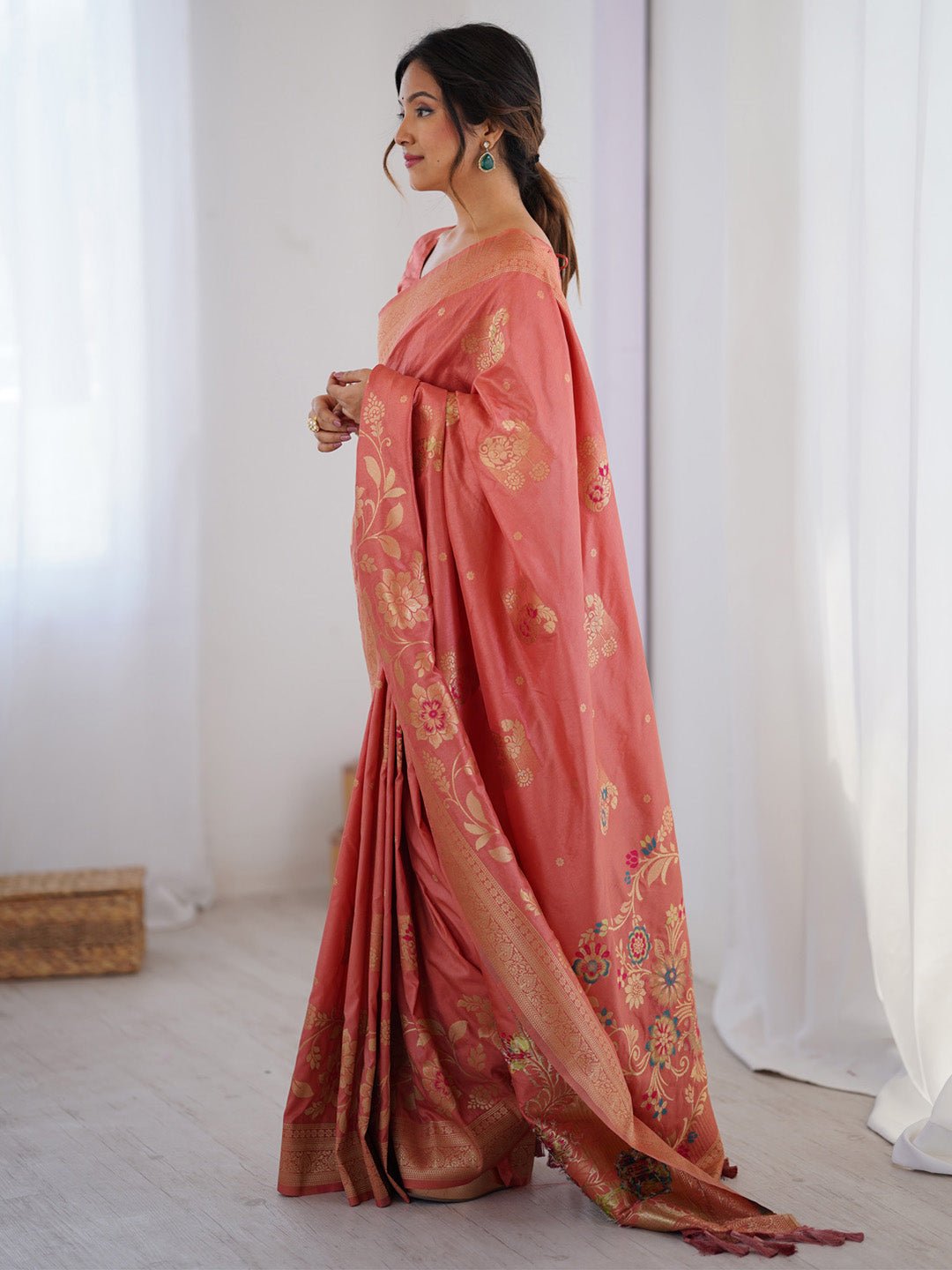 Peach Silk Zari Woven Saree - Ressa