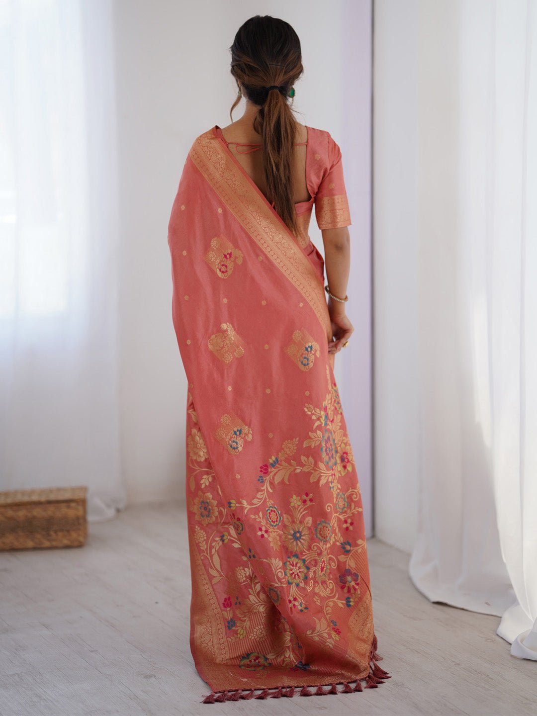Peach Silk Zari Woven Saree - Ressa
