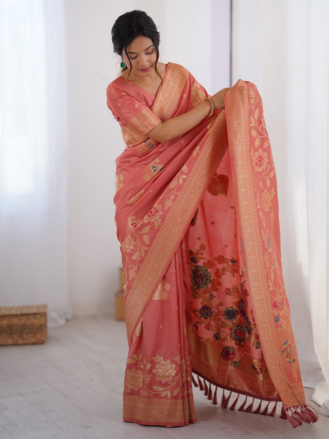 Peach Silk Zari Woven Saree - Ressa