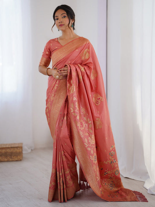 Peach Silk Zari Woven Saree - Ressa