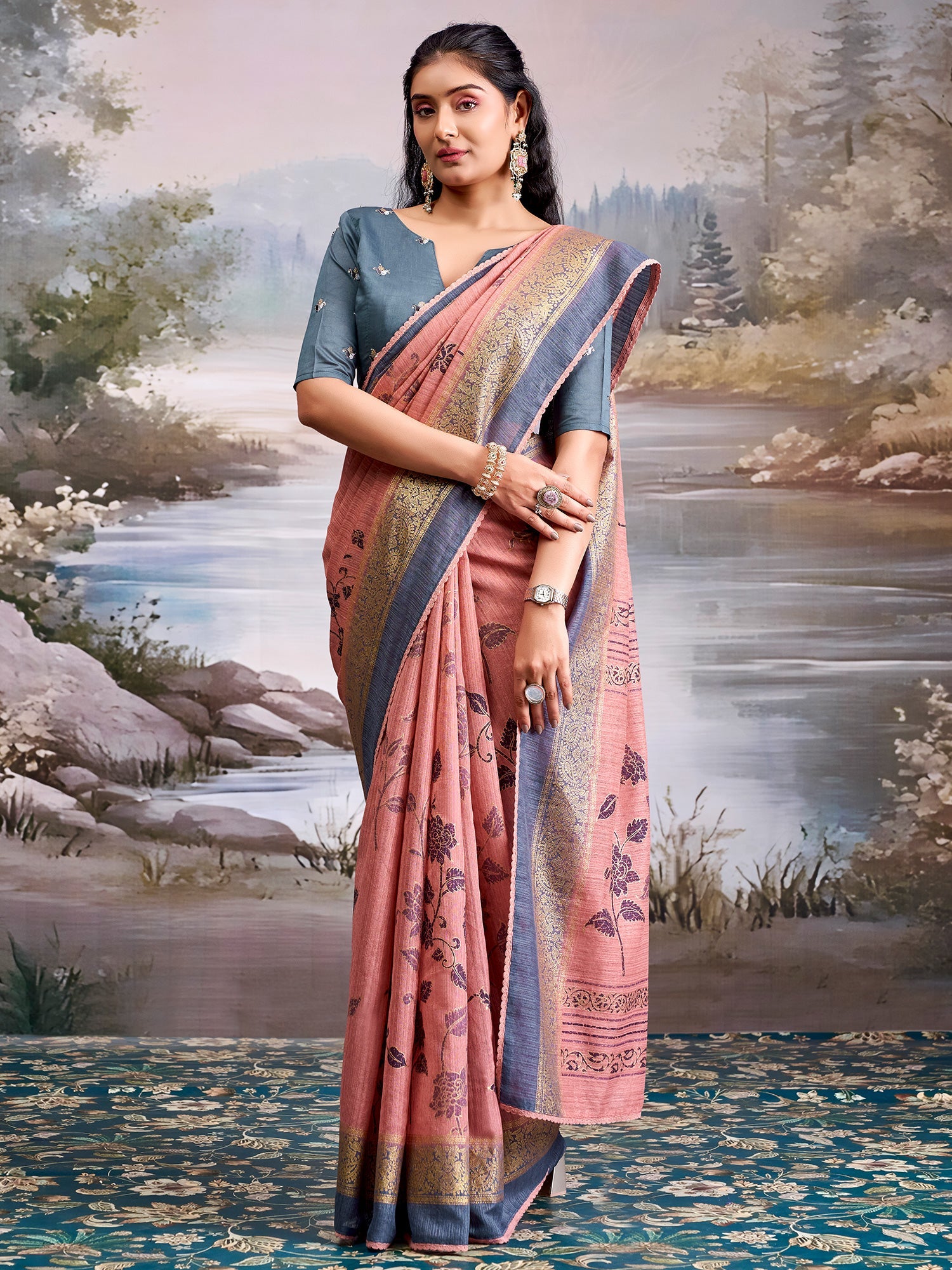 Peach Tissue Silk Saree with Floral Motifs - Ressa