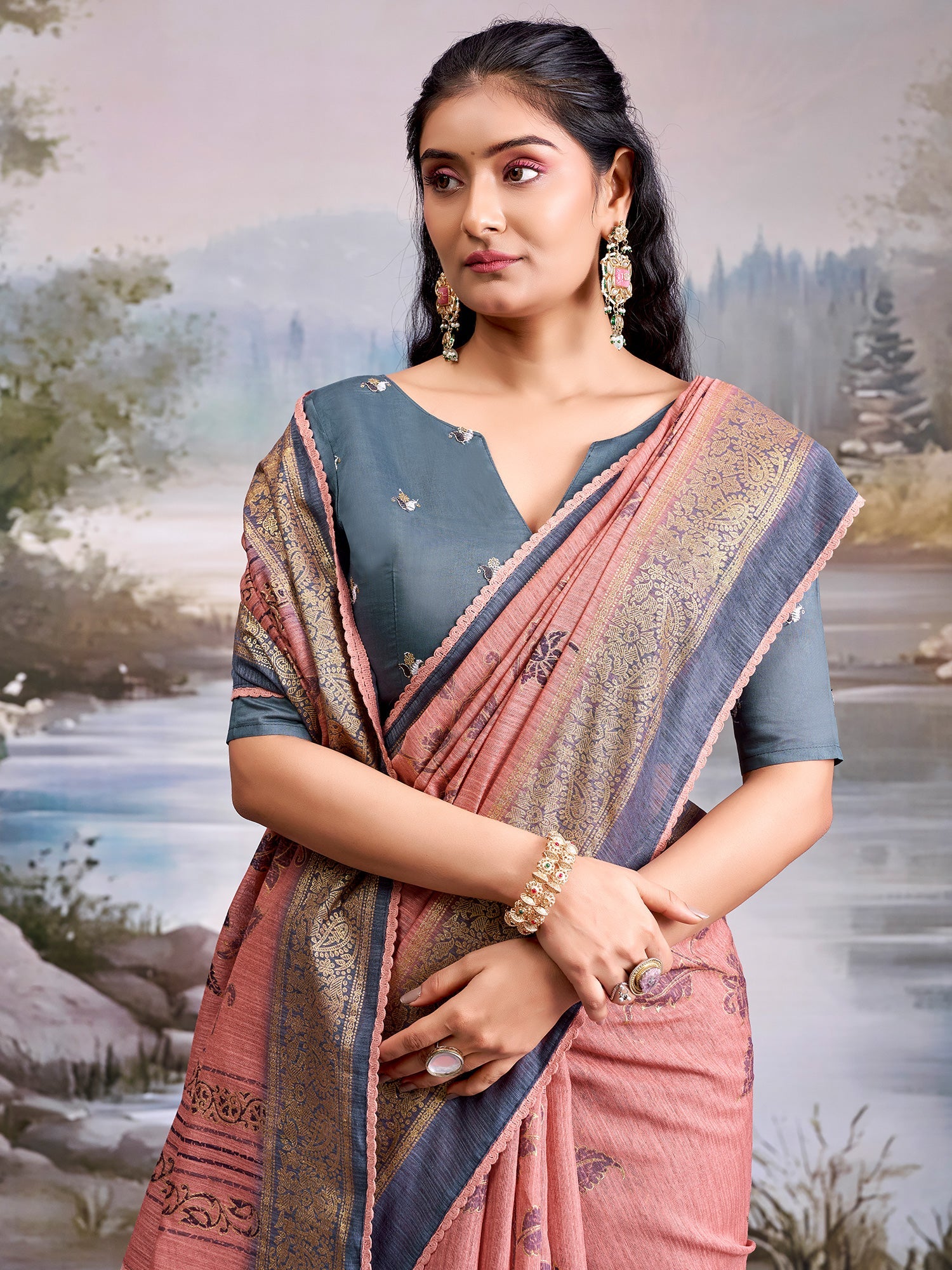 Peach Tissue Silk Saree with Floral Motifs - Ressa