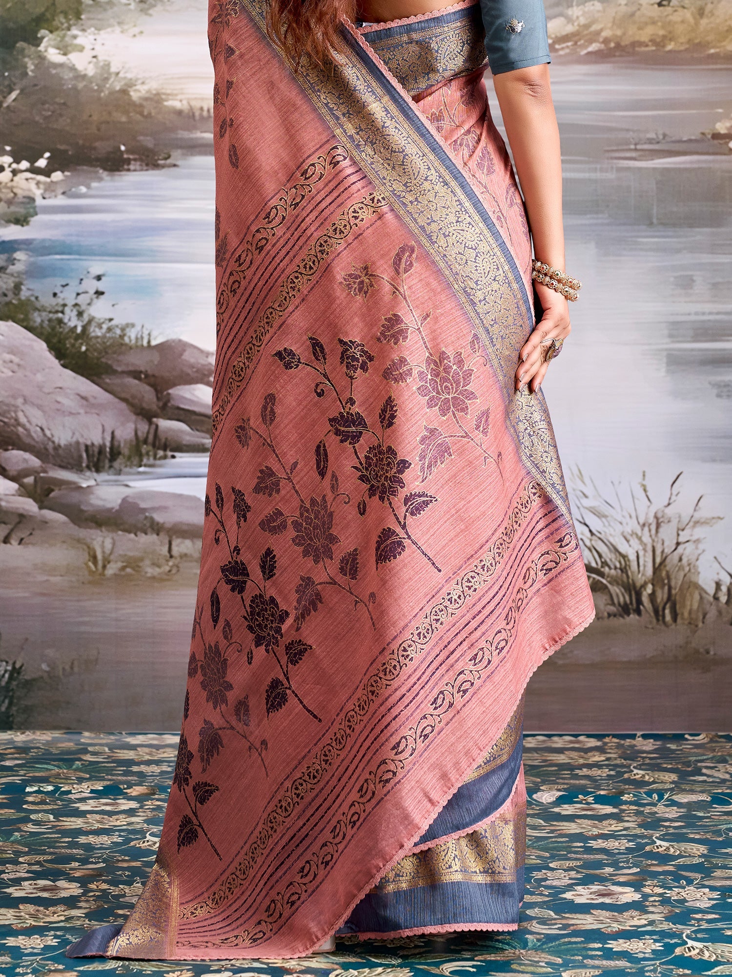 Peach Tissue Silk Saree with Floral Motifs - Ressa
