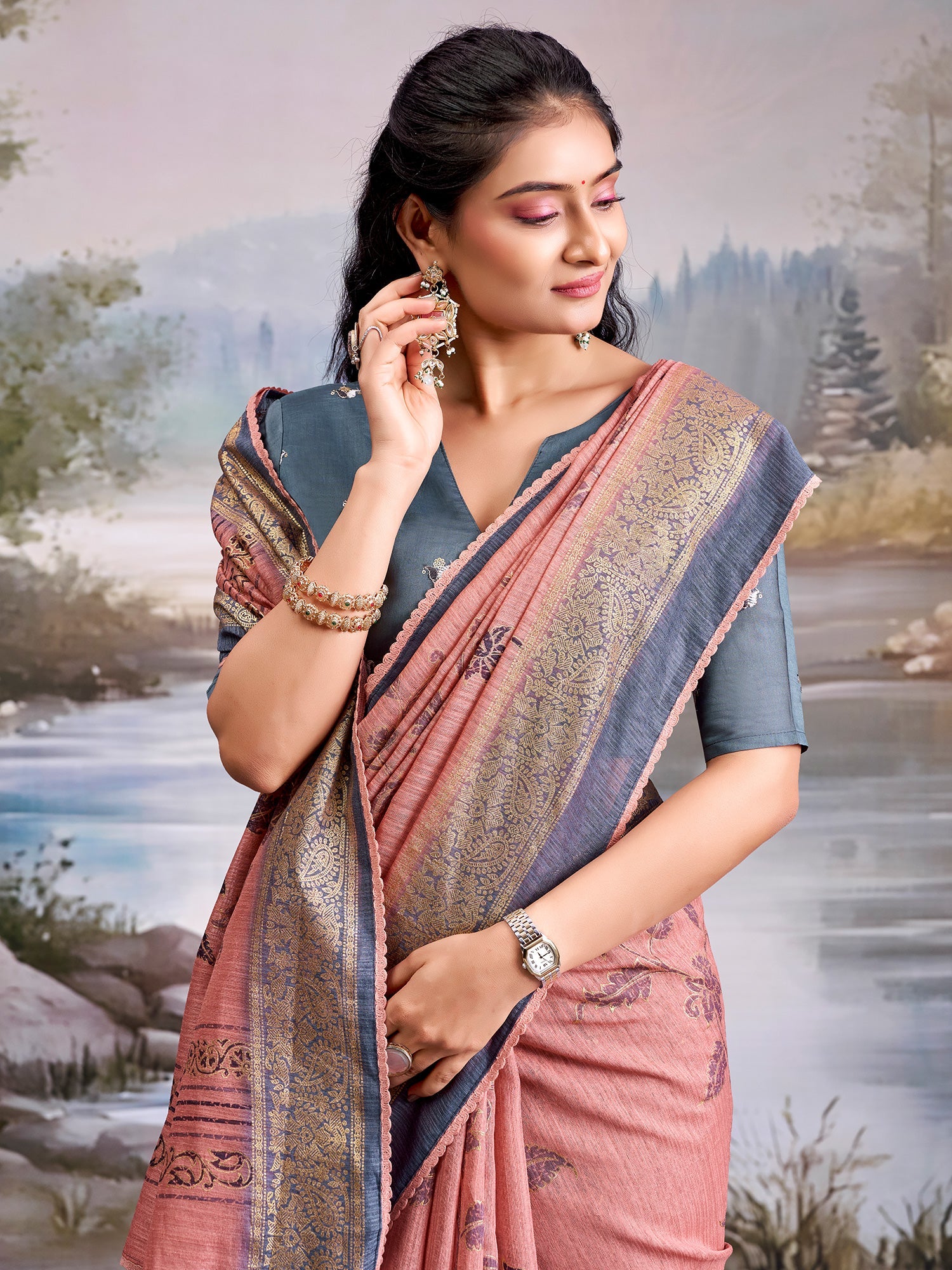 Peach Tissue Silk Saree with Floral Motifs - Ressa