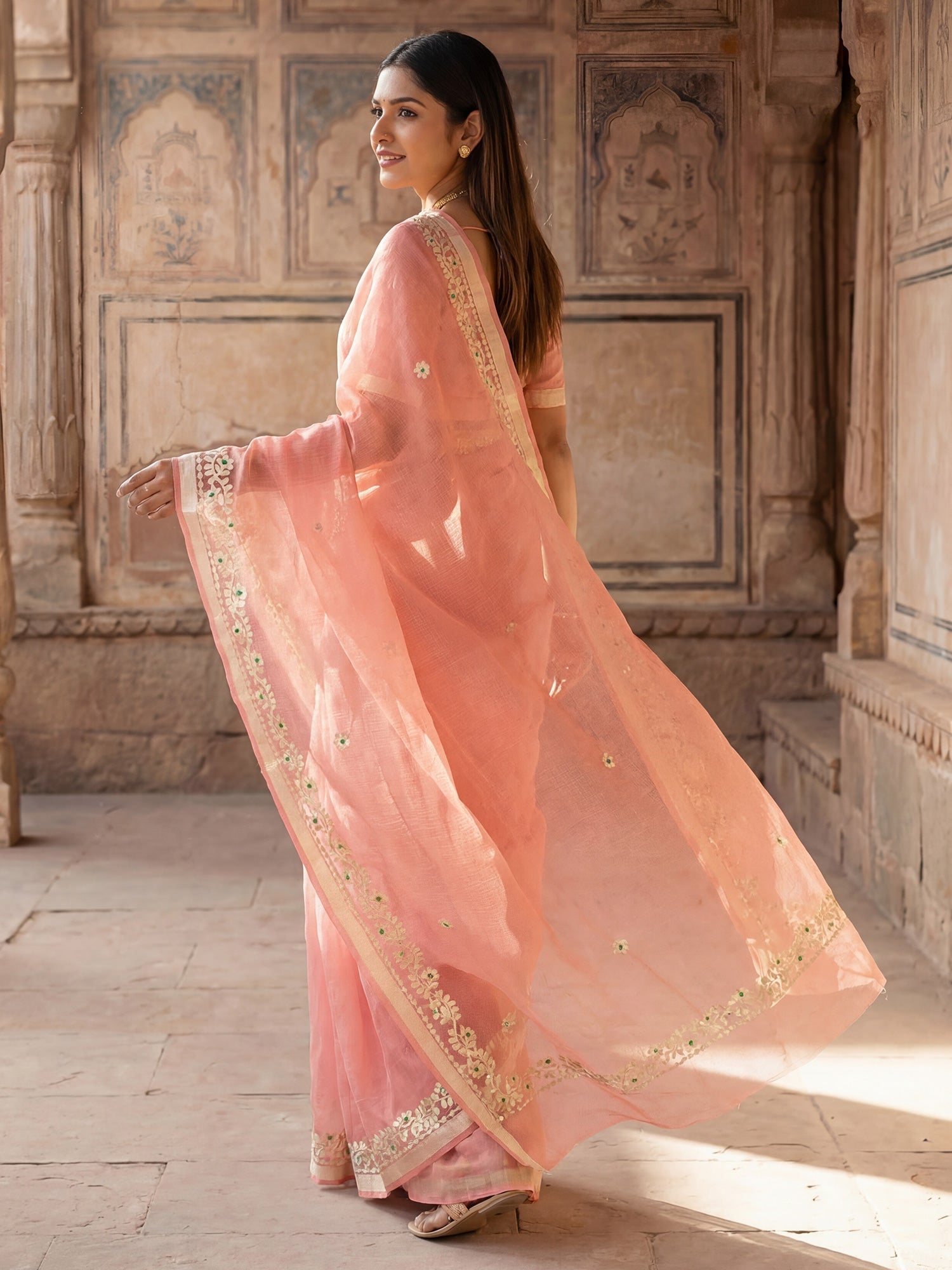 Peach Tissue Silk, Silk Blend Saree - Ressa