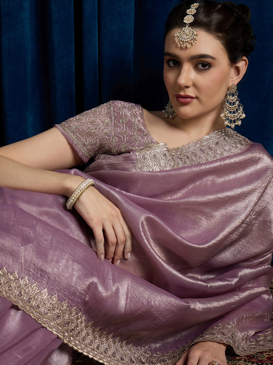 Peach Tissue Silk With Sequin Work Saree - Ressa