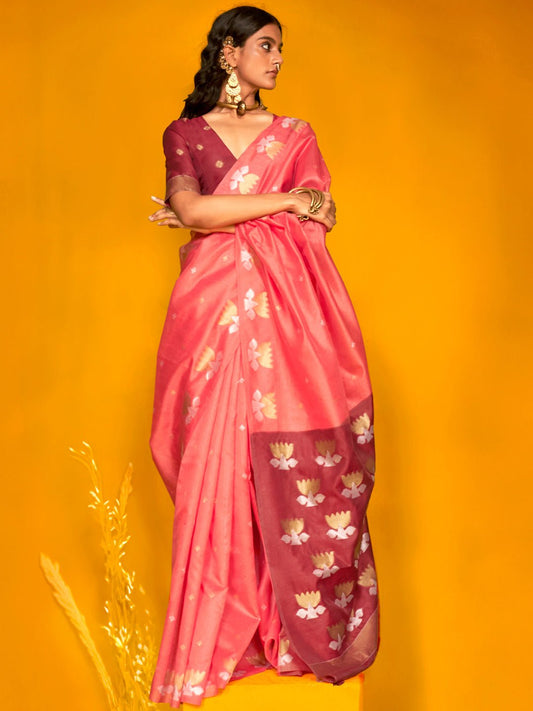 Peach Tussar Silk Blend Zari Woven Lotus Motifs Contrast Blouse Saree - Ressa