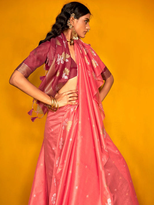 Peach Tussar Silk Blend Zari Woven Lotus Motifs Contrast Blouse Saree - Ressa