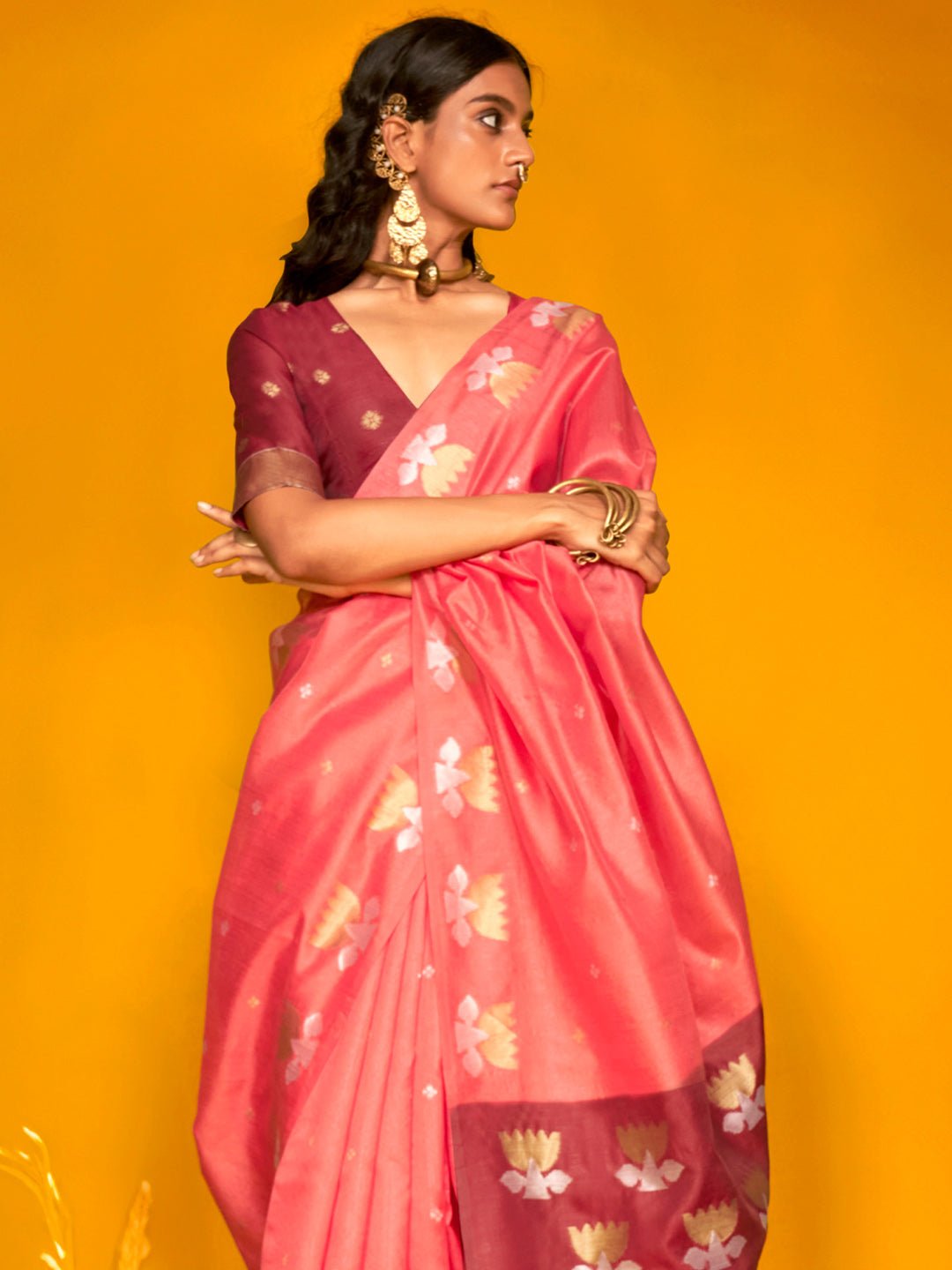 Peach Tussar Silk Blend Zari Woven Lotus Motifs Contrast Blouse Saree - Ressa