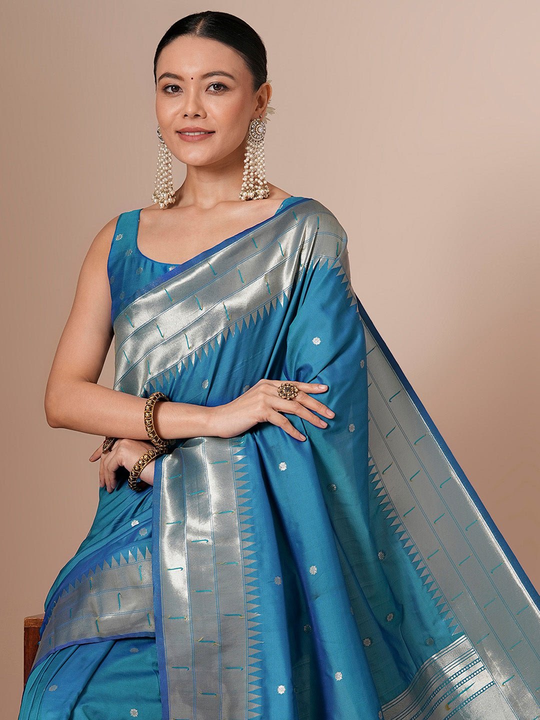 Peacock Blue Paithani Silk Saree - Ressa