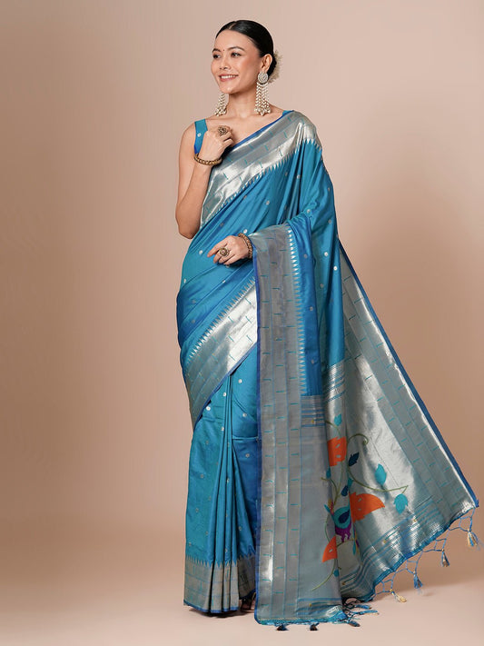 Peacock Blue Paithani Silk Saree - Ressa