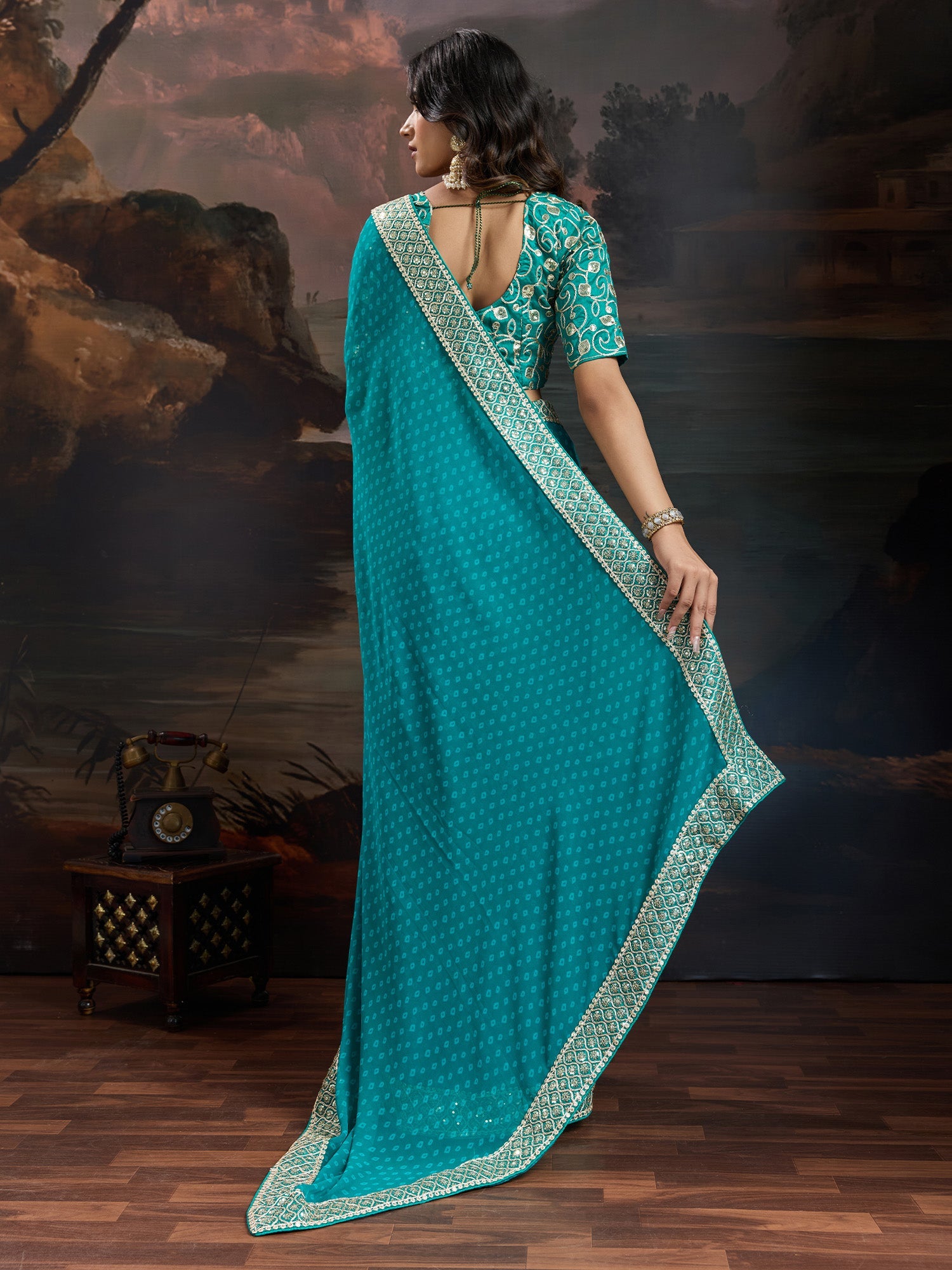 PEACOCK TEAL GEORGETTE SAREE - Ressa