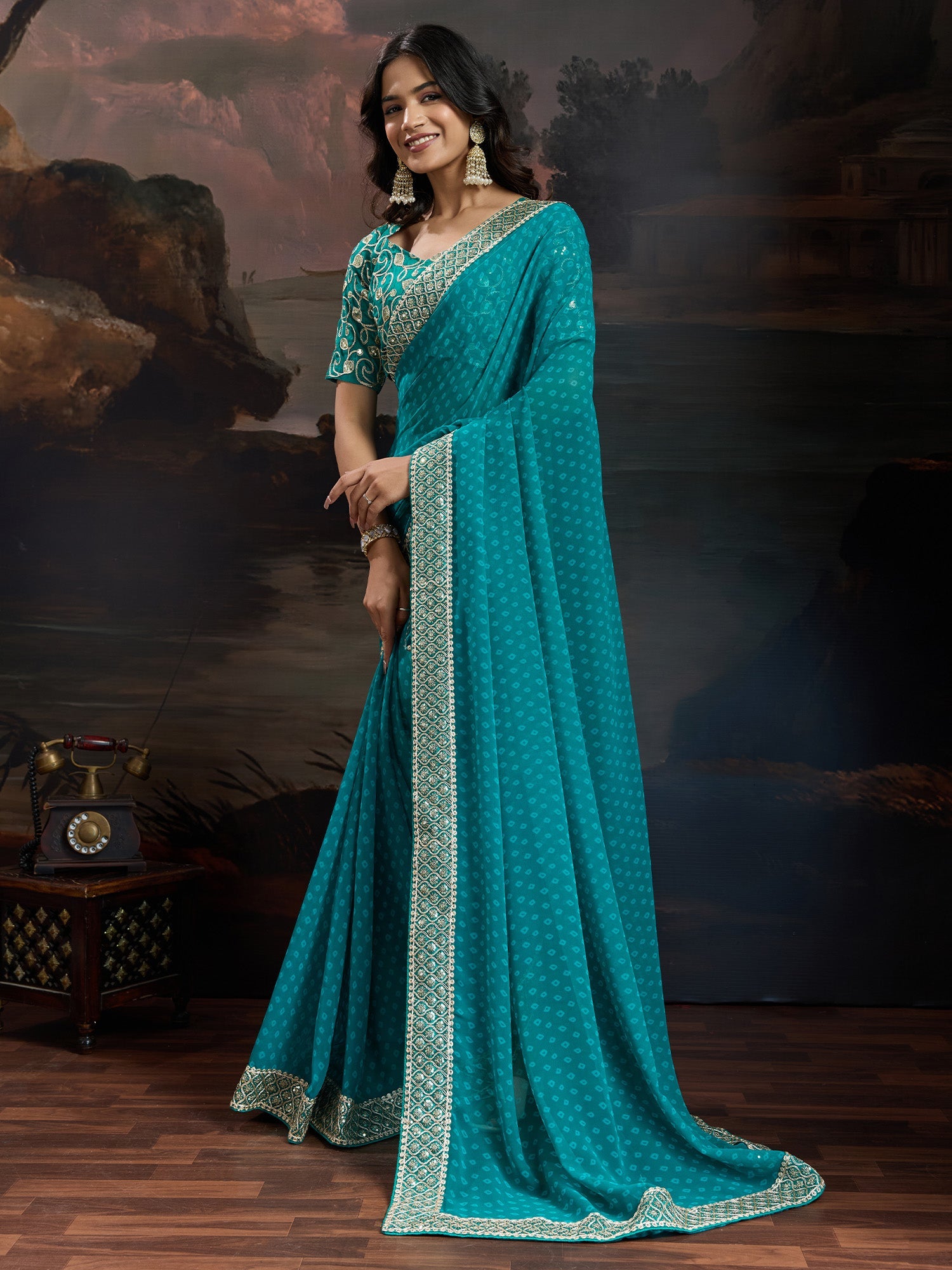 PEACOCK TEAL GEORGETTE SAREE - Ressa