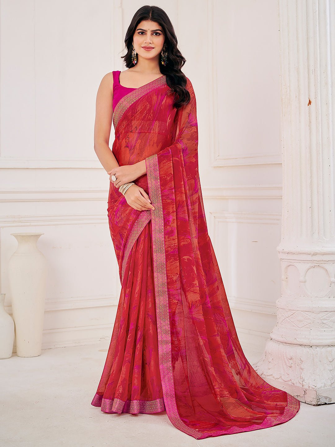 Pink Abstract Print Georgette Saree - Ressa